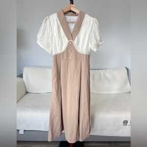 Women Doll Collar Breaded A-Line Elegant Two-Tone Pearl Trim Maxi Dress – Size M